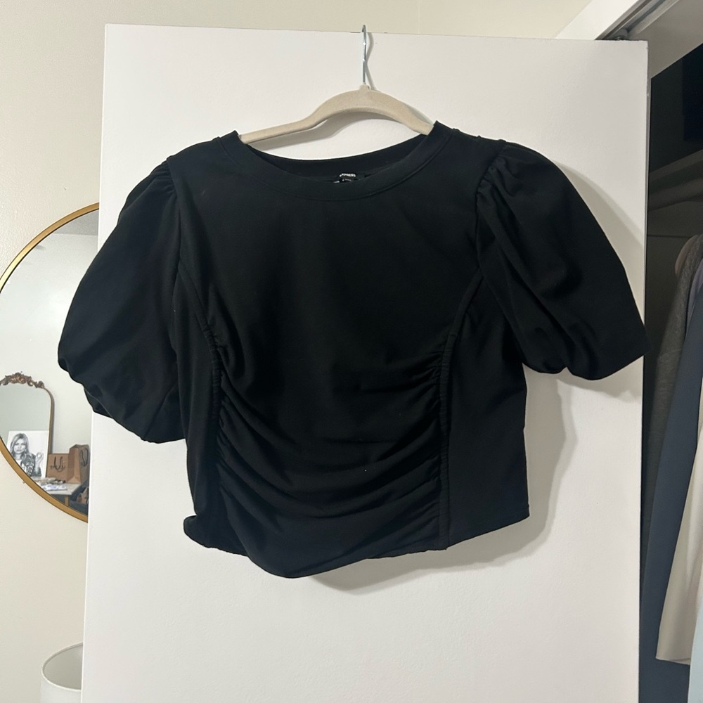 Express Black Ruched Puff Sleeve Crop Top